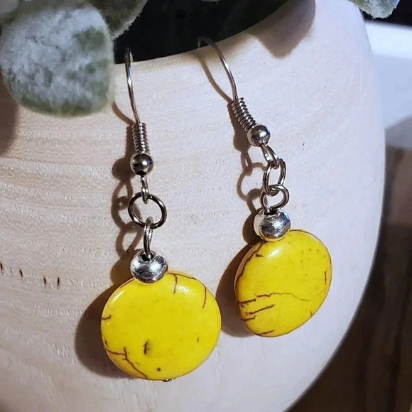 Handcrafted Silver and Yellow Magnesite Gemstone Puffed Coin Dangle Earrings - Picture 2 of 7